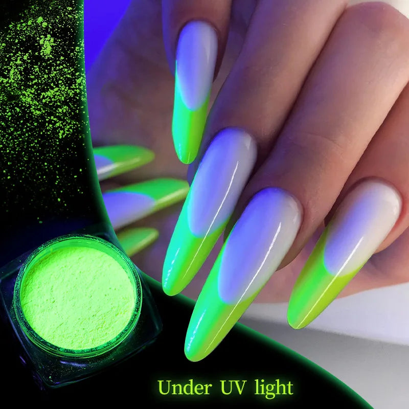poudre fluorescente glow nuit 12 couleurs vert bleu orange rose moderne nail art vernis