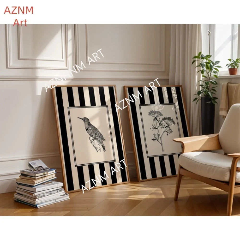 affiche moderne oiseau plante rayures noires blancs minimaliste mural cadre illustration abstraite