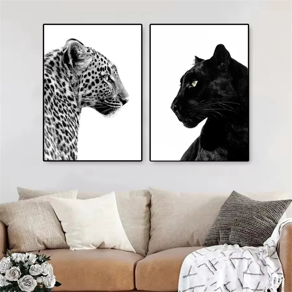 affiches animaux léopard jaguar blanc noir moderne minimaliste toile sans cadre decoration salon maison