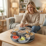 organisateur compartiments gris moderne cinq sections couvercle transparent apéritif buffet collations trempettes festif pratique
