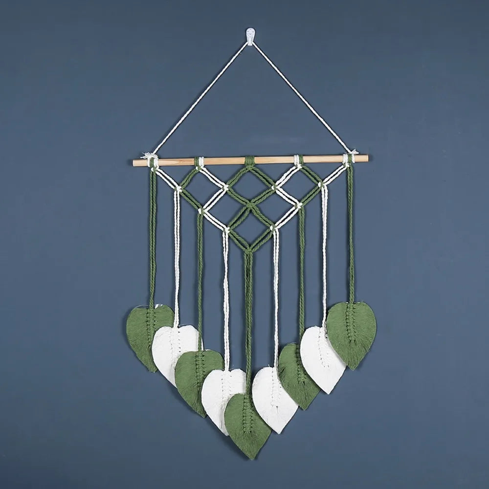 tapisserie boho chic macramé franges coeurs orange blanc bleu vert marron clair coton mur