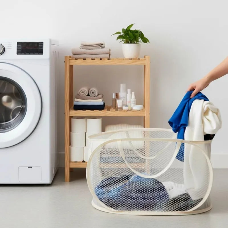panier pliable linge maille fine moderne couvercle amovible poignées beige clair rangement ventiléversible