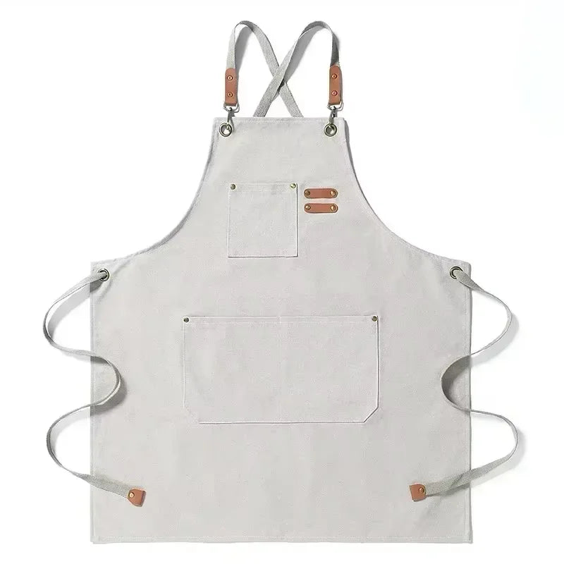 tablier cuisine toile gris classique boucles métalliques poches avant arrière adjustable