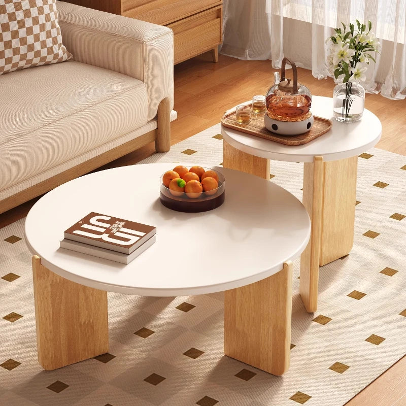 table basse moderne minimaliste bois blanc plateau lisse pieds naturels magazine vase fruits panier