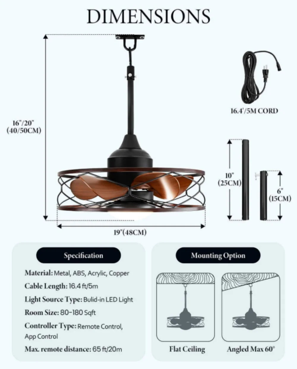 ventilateur lampe led noir cuivre structure métallique lames bois télécommande certifié ip65extérieur moderne