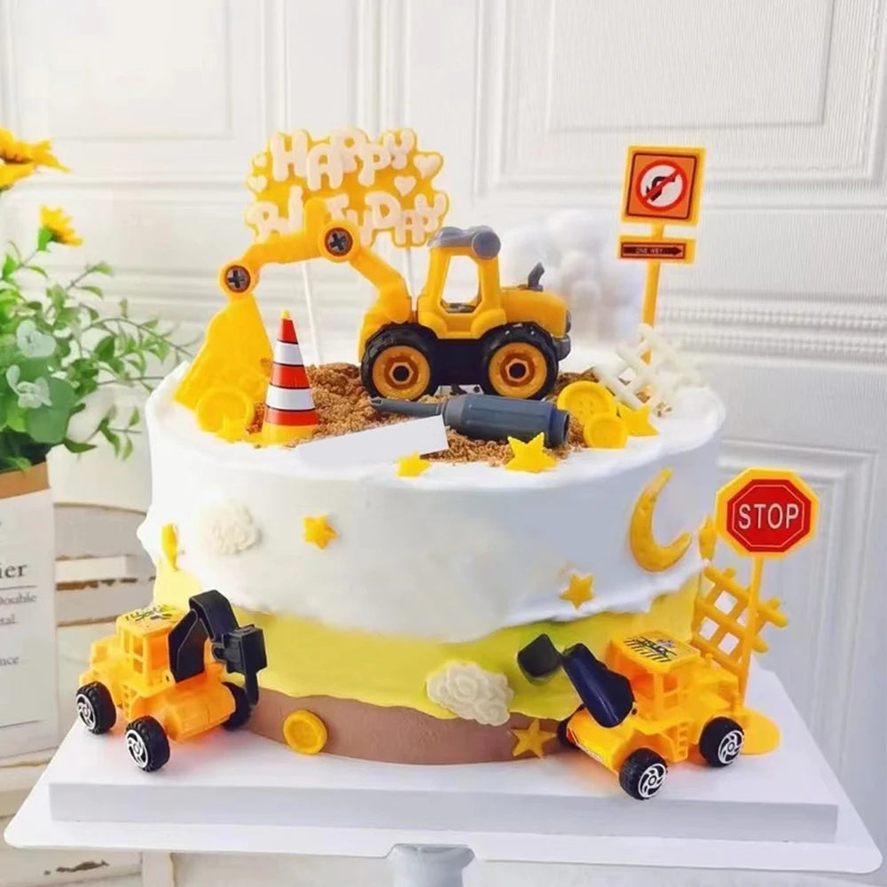 décoration gâteau anniversaire enfant construction tracteur excavatrice bulldozer panneaux signalisation jaune noir