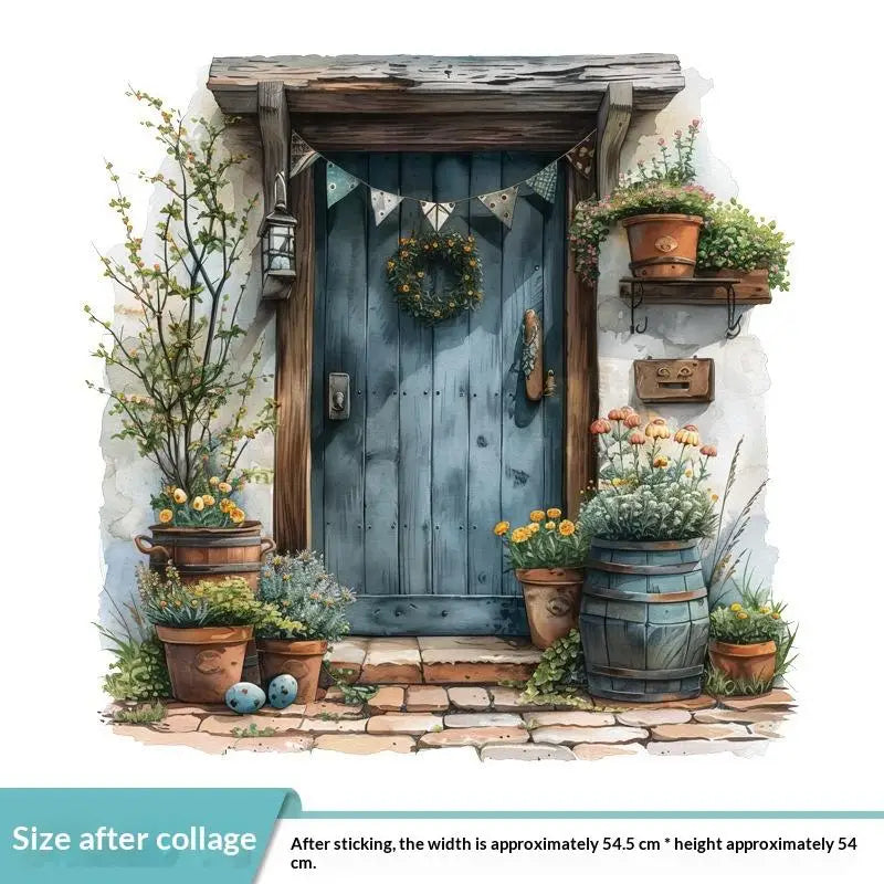 autocollant mural vintage paysage fenêtre volets bleus plantes vertes guirlande fleurs chat niche naturel