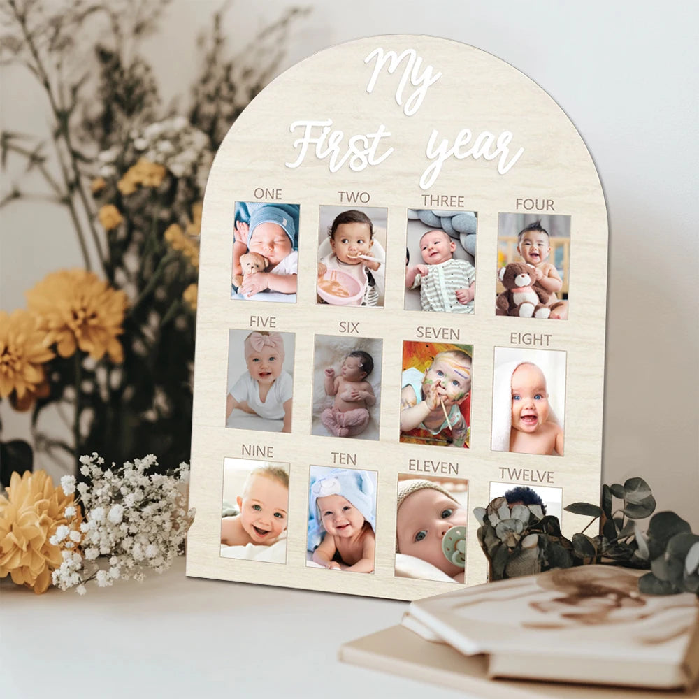cadre photo mural bois naturel moderne blanc anniversaire baptême decoration famille trace croissance evolution