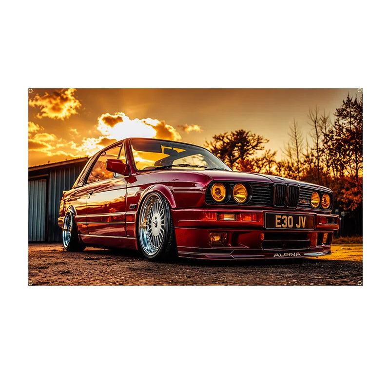 poster voiture bmw e30 coucher soleil décoration murale salon photo réaliste cadre rouge