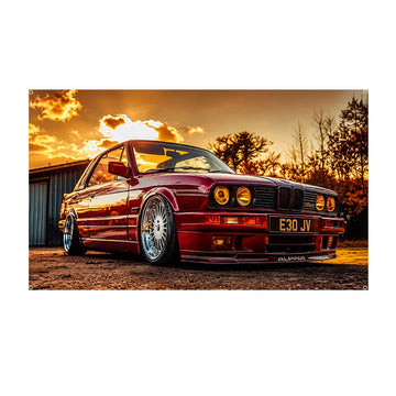 poster voiture bmw e30 coucher soleil décoration murale salon photo réaliste cadre rouge