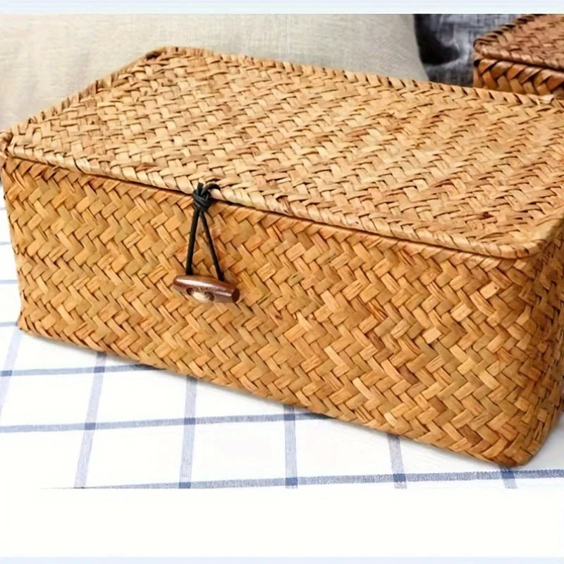 boîte bijoux marron clair tressée traditionnelle réutilisable cordon noir opaquerangement multiple
