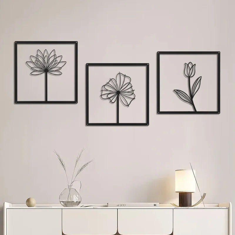 plaque murale décorative moderne or noir fleurs stylisées contemporaine minimaliste adhésif chambre salon