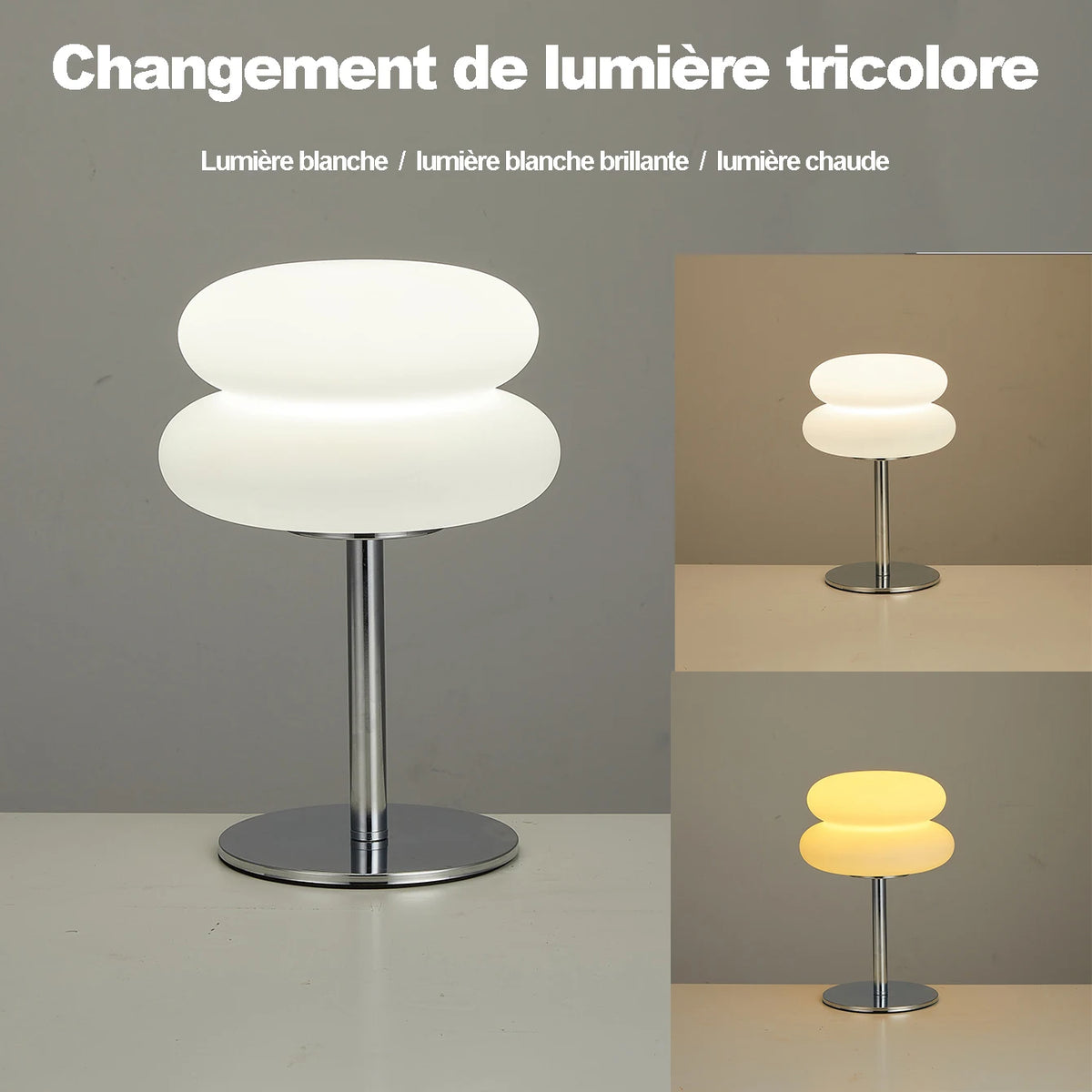 lampe table moderne blanc argenté gradation tricolore prise usb ambre étude chambre coucher