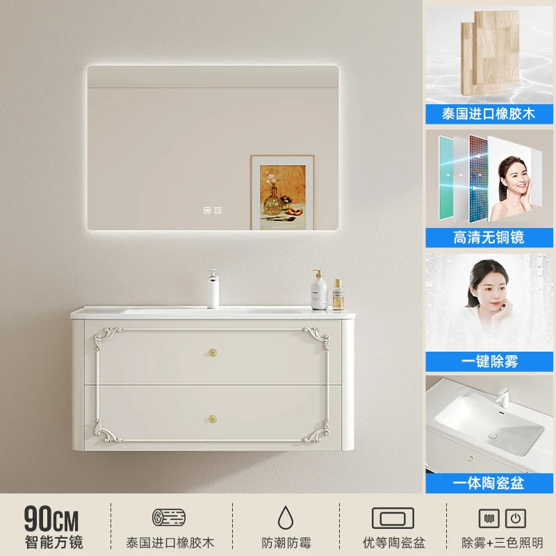 meuble salle bain noir blanc tiroirs vasque ornements dorés classique fixations murales accessoires cosmétiques
