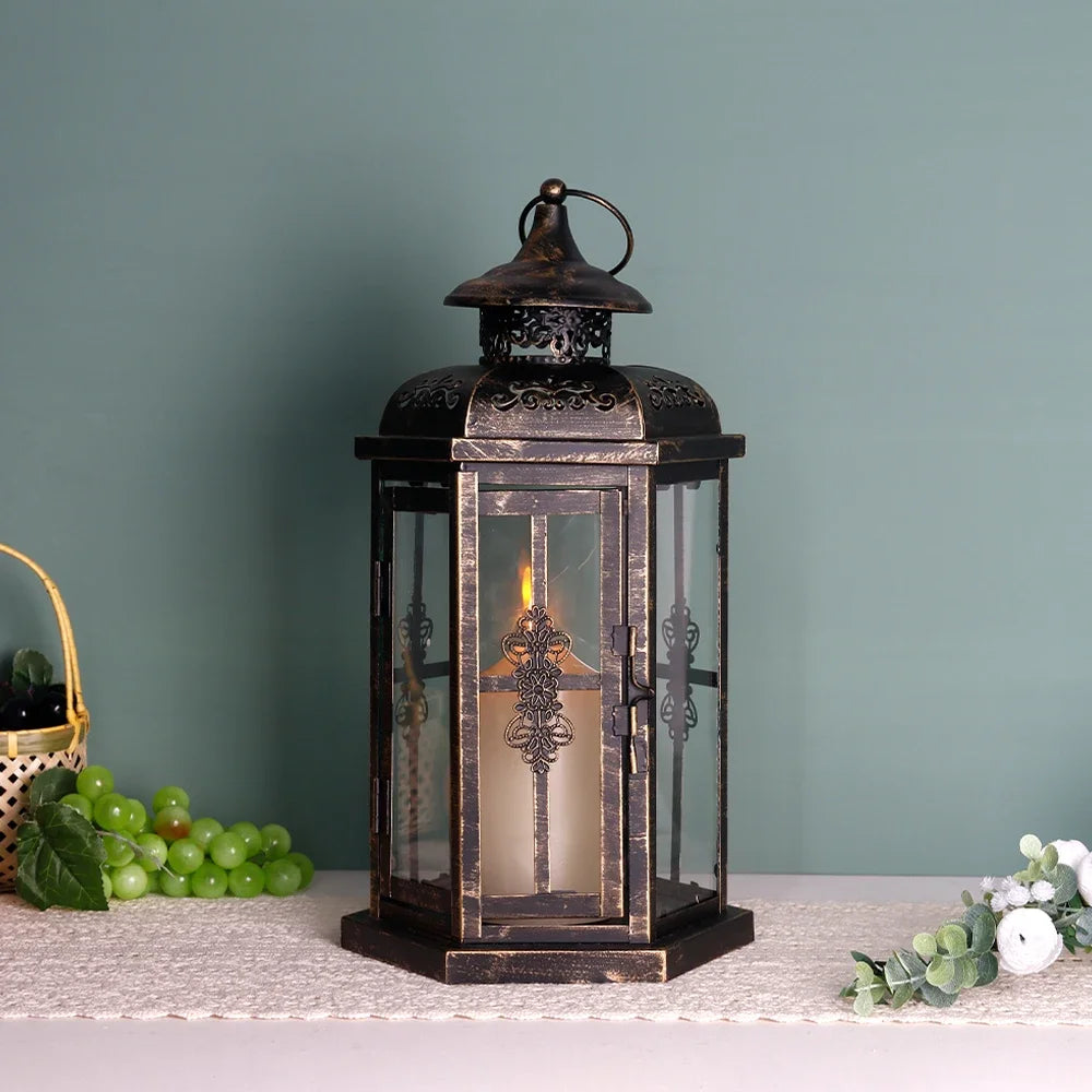 lanterne vintage métal fer ornements floraux transparent noire décoration intérieure mariage bougie inclusion anneaux