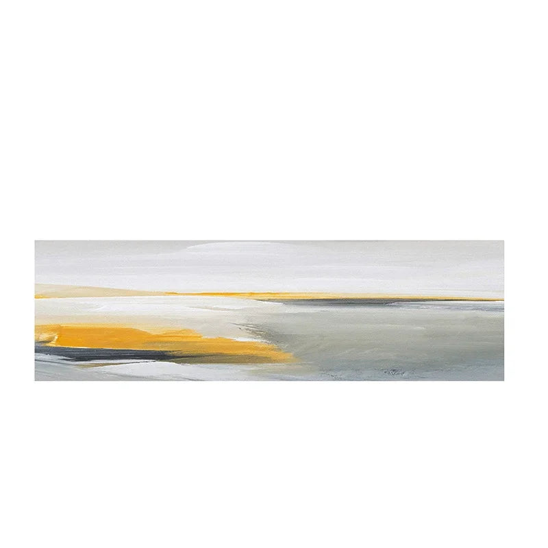 Paysage abstrait avec des tons de gris, de jaune et de bleu évoquant un ciel et une mer.