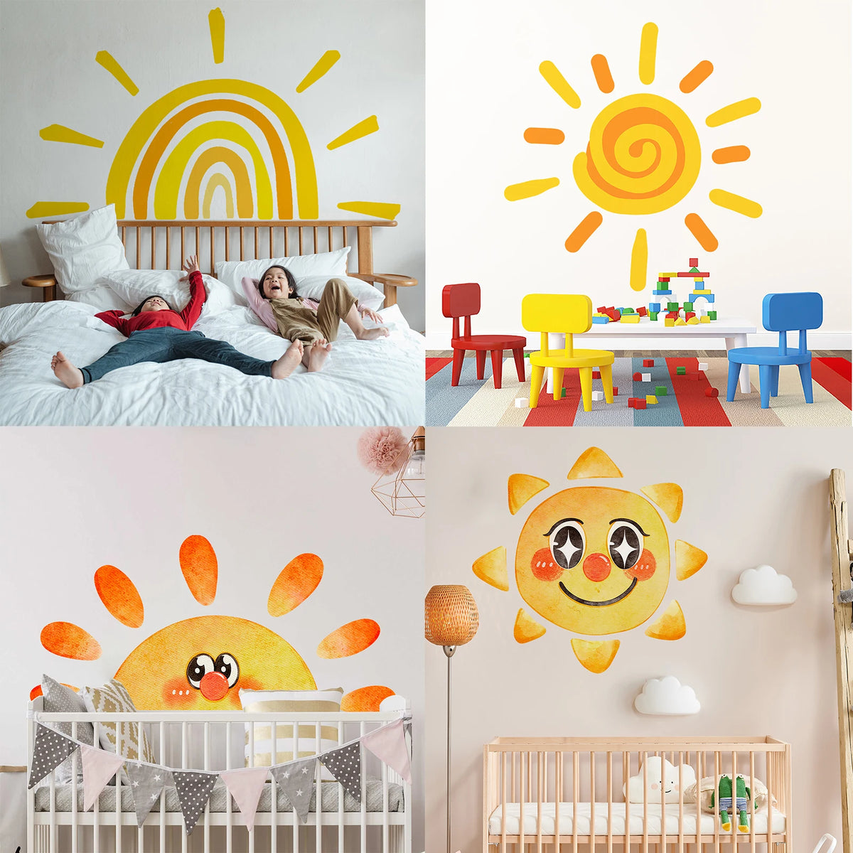 stickers muraux dessin animé soleil souriant arc ciel enfant chambre salon decoration murale jaune