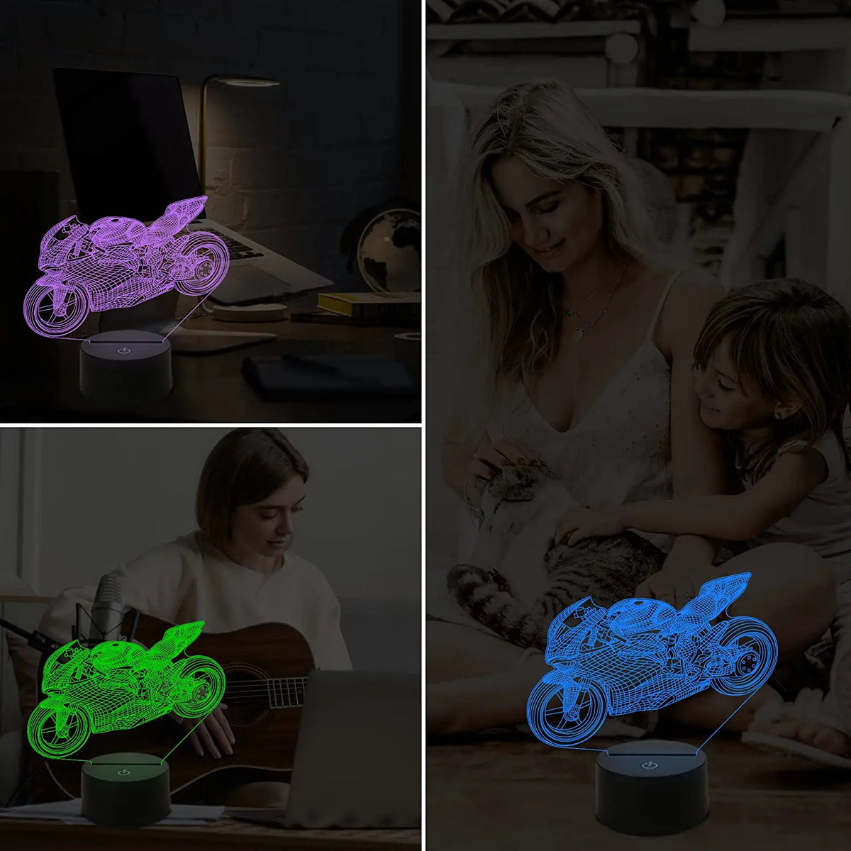 lampe projection 3d moto bleu jaune vert violet orange contour tactile usb télécommande enfants