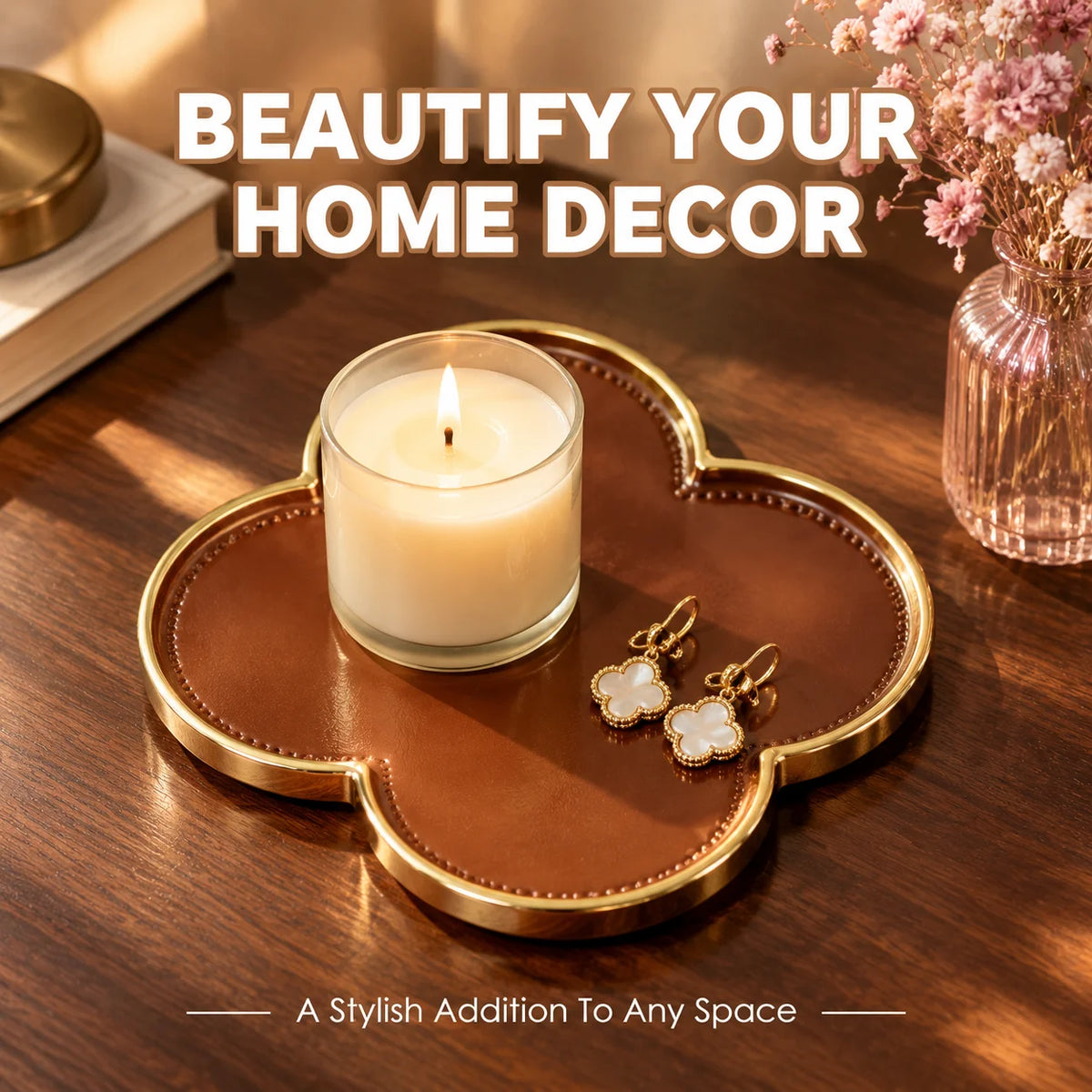 plateau decoratif moderne marron texture cuir bordure dorée rangement bijoux clés élégant catch all