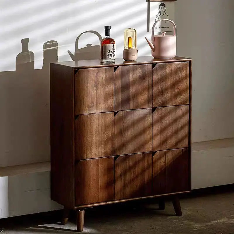 meuble salon armoire moderne marron étagères intégrées bouteille théière radio vintage