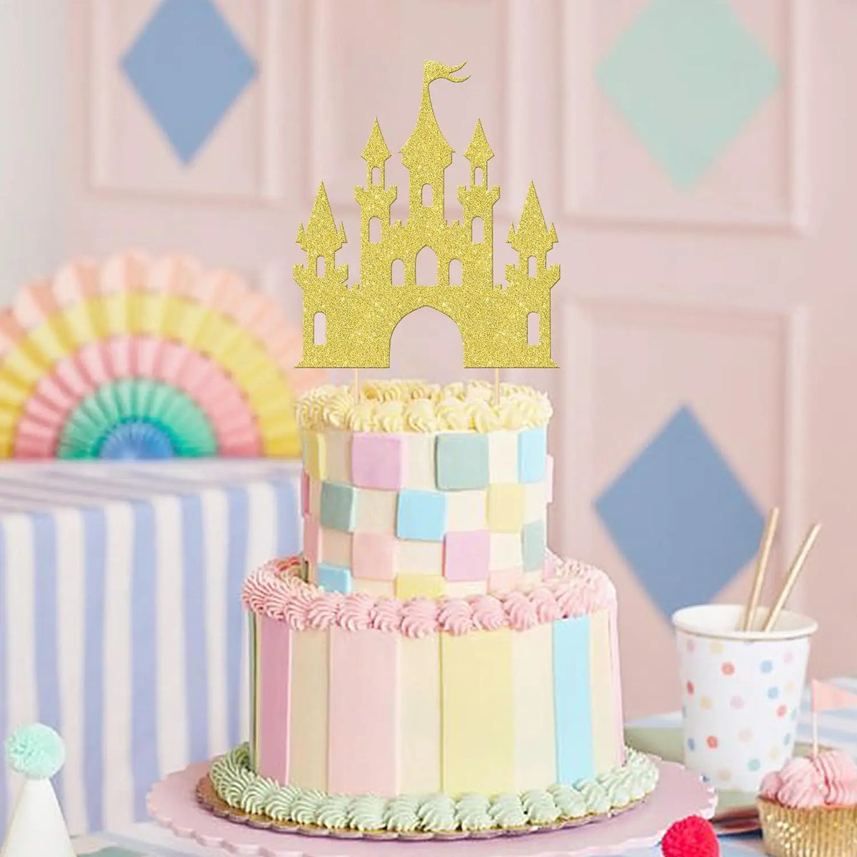 décoration gâteau château glitter princesse doré bleu rose anniversaire fête piquettes bambou