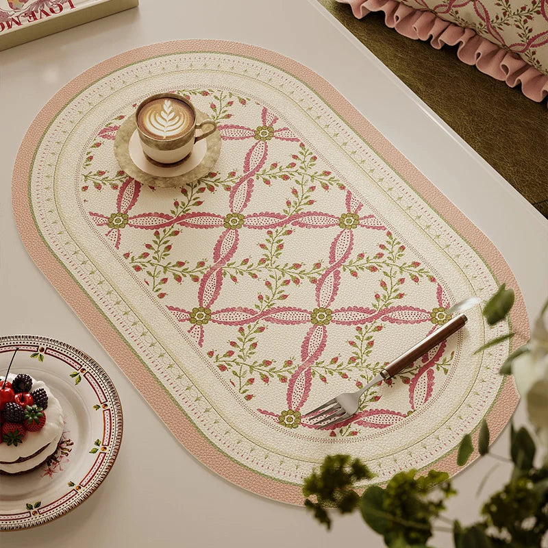 tapis table violet vert beige fleurs feuilles bordure rayée classique floral resistant pvc 30x50cm