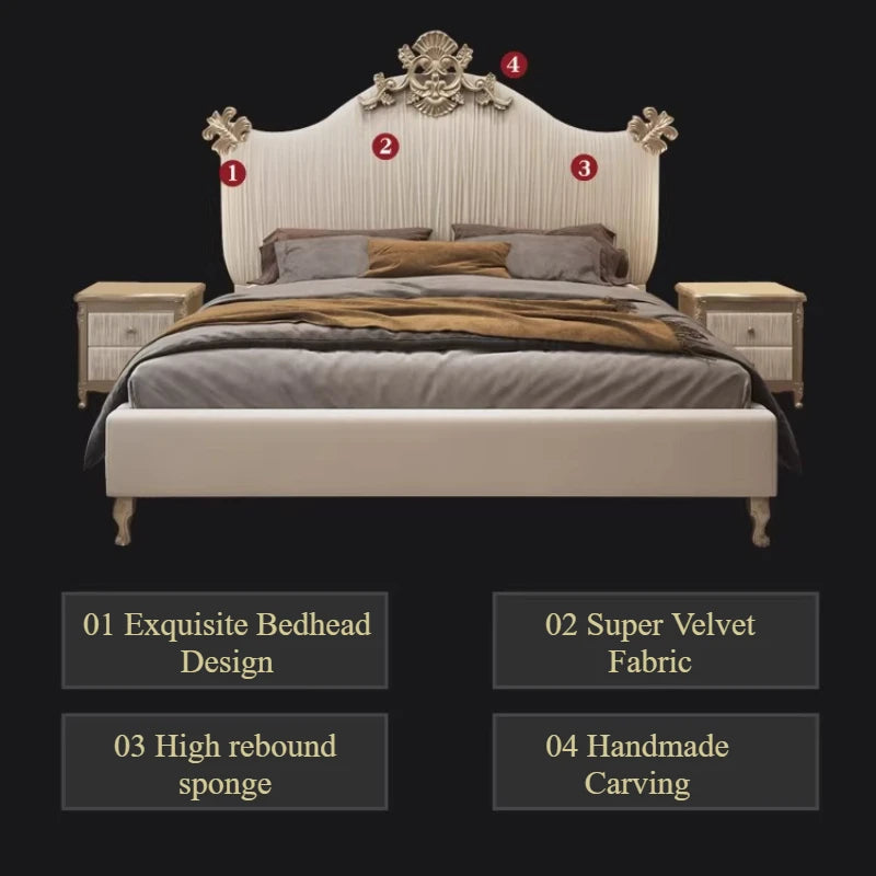 tête lit classique beige plissé pieds métalliques dorés oreillers draps couvre lit bois chambre