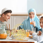 décoration islamique moderne lampe croissant doré ornements géométriques artisanat ramadan aïd al fitr