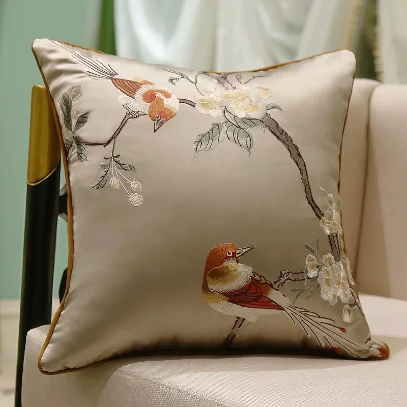 taie d'oreiller brodée oiseau pavillon fleurs 45x45cm polyester bleu clair rouge beige decorative sofa