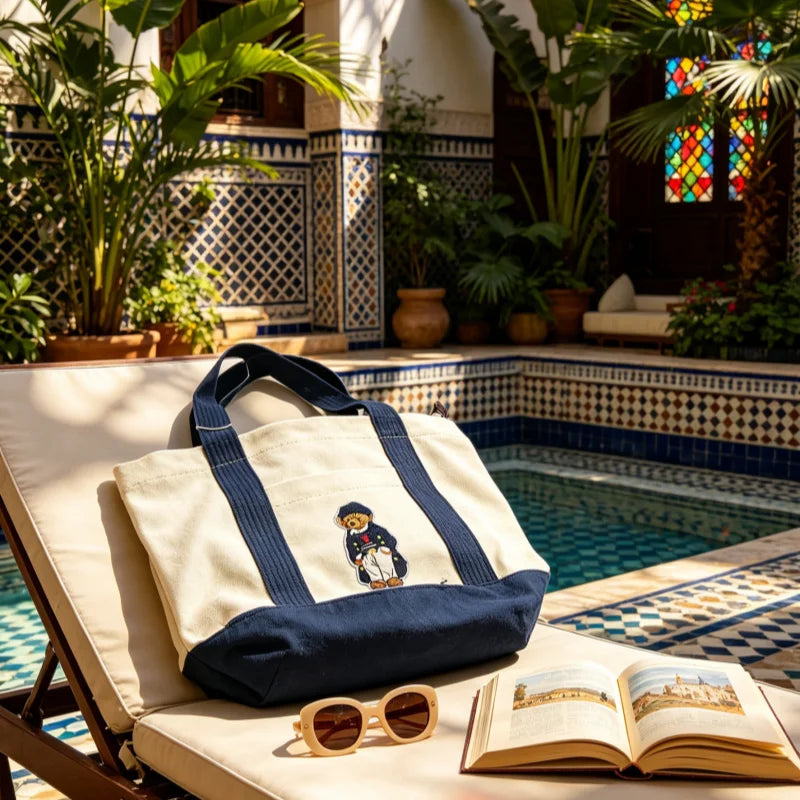 sac main toile beige bleu marine ours motif casual fermeture glissière portable quotidien travaux