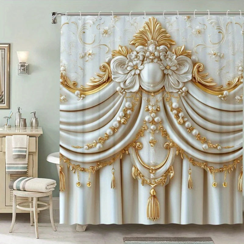 rideau douche blanc doré ornements baroques classique imperméable polyester respectueux environnement