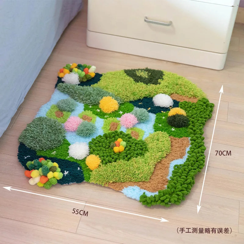 tapis décoratif tapisserie artisanale motif floral couleurs vives créatif tapis mousse boules laine