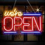 enseigne néon lumineuse WE ARE Open rose jaune bleu blanc moderne chaîne suspension câble