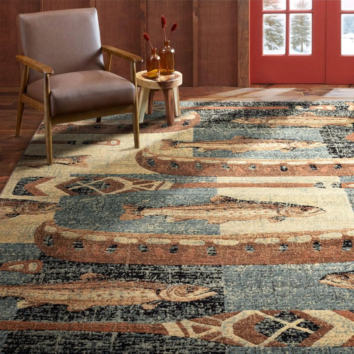 tapis rouge noir beige bleu marron motifs géométriques animaux texture douce rustique ethnique salon