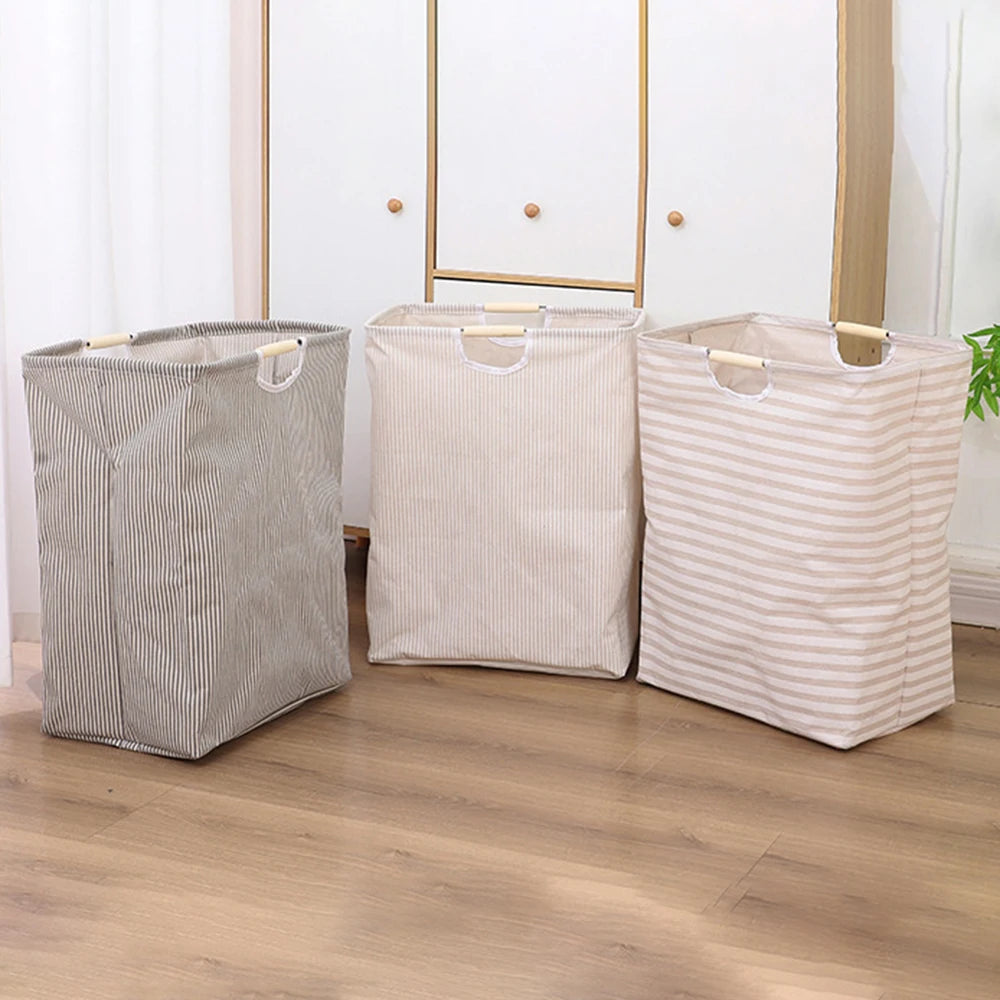 panier linge pliable rayures horizontales gris clair beige moderne réutilisable fibre végétale poignées bois