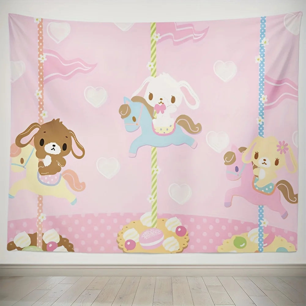 tapisserie animaux carrousel rose clair beige bleu illustration douce enfant clips magnétiques 150x130cm 150x200cm