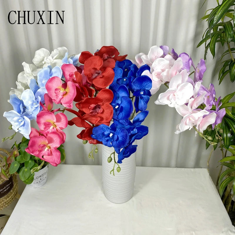 bouquet artificiel fleurs orchidée têtes 105cm couleurs bleu blanc rose violet rouge decoration intérieure