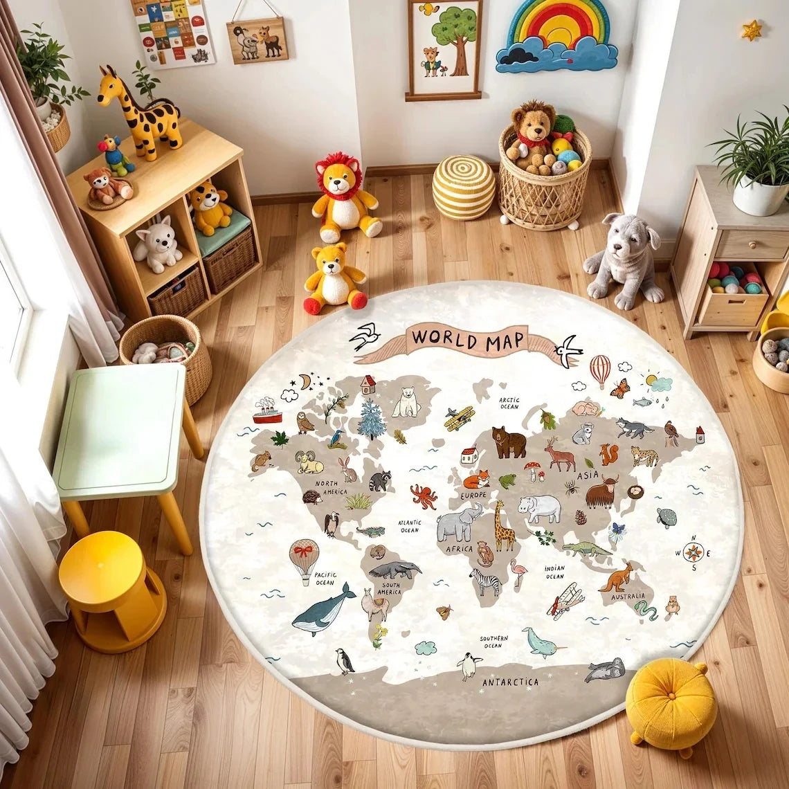 tapis rond moderne carte monde animaux motifs floraux bébé salon 80x80cm 120x120cm polyester