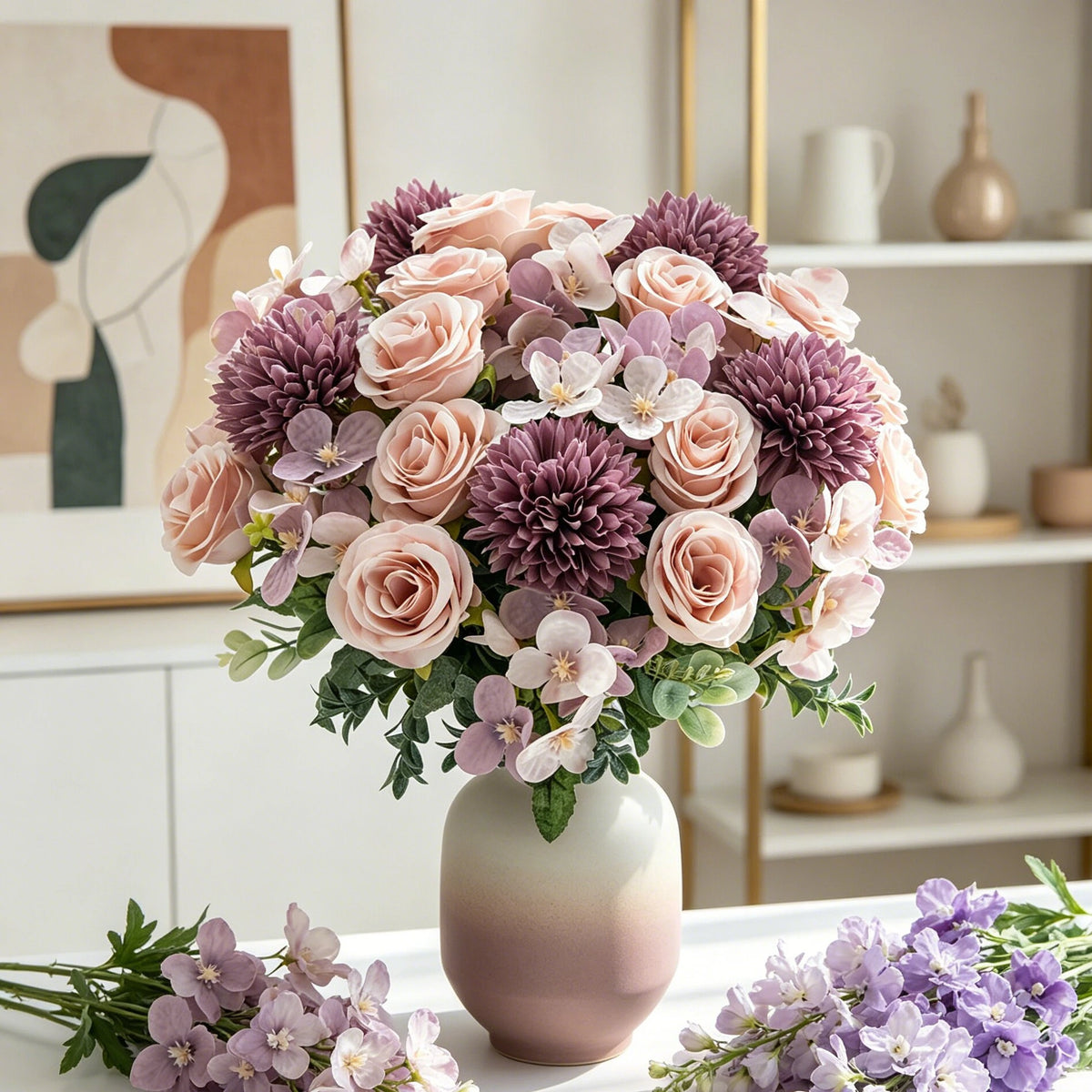 bouquet fleurs artificielles soie moderne blanc rose clair violet intérieur décoration anniversaire mariage table