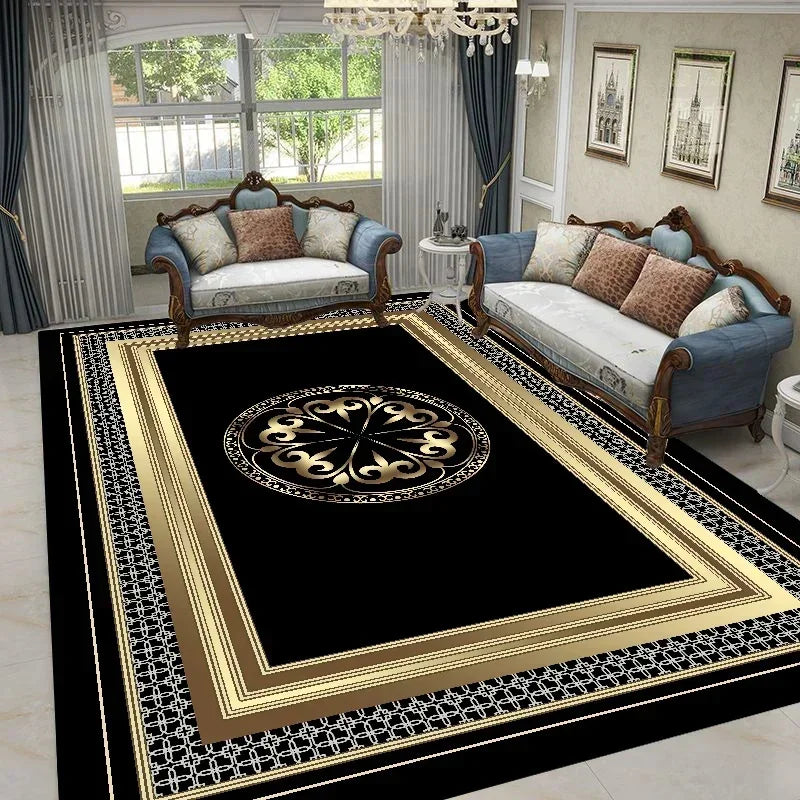 tapis géométrique noir doré moderne salon chambre rectangle polyester aubusson floral