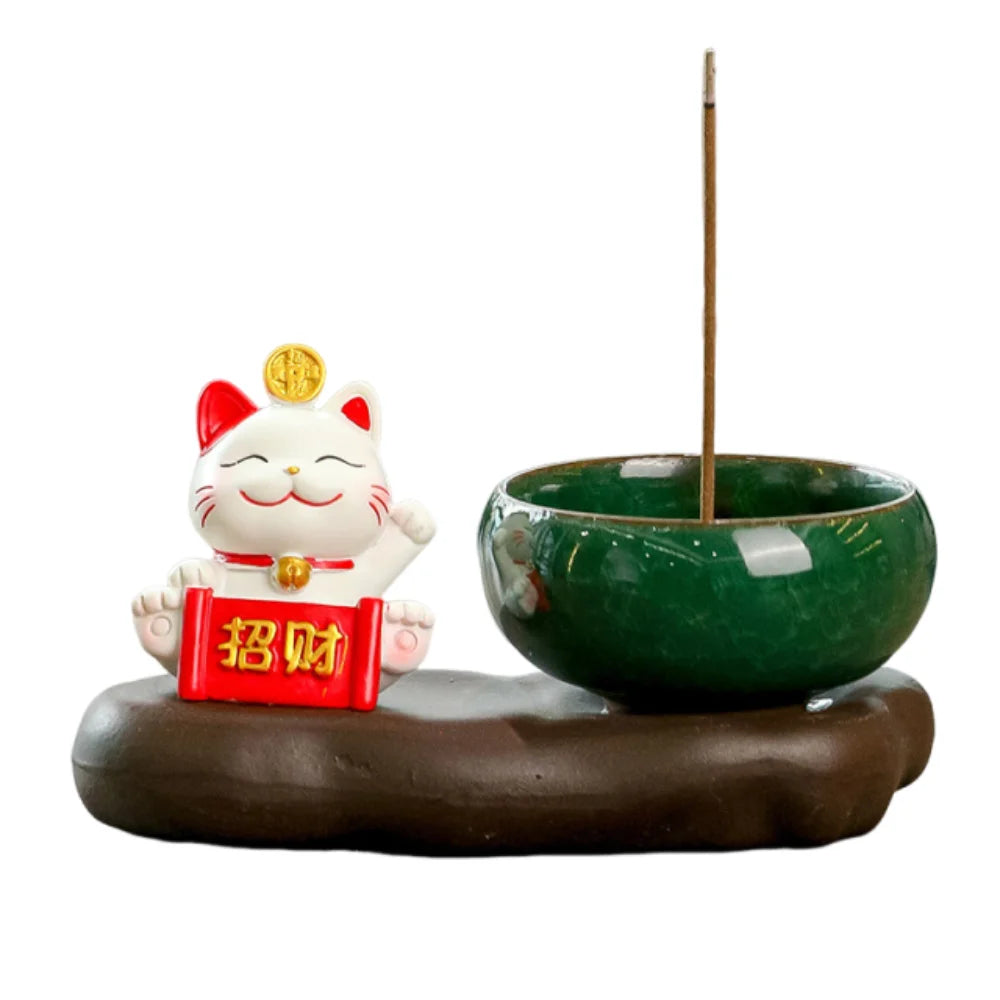 bougeoir statuette chat porte bonheur motifs chinois traditionnels vert blanc rouge doré artisanal