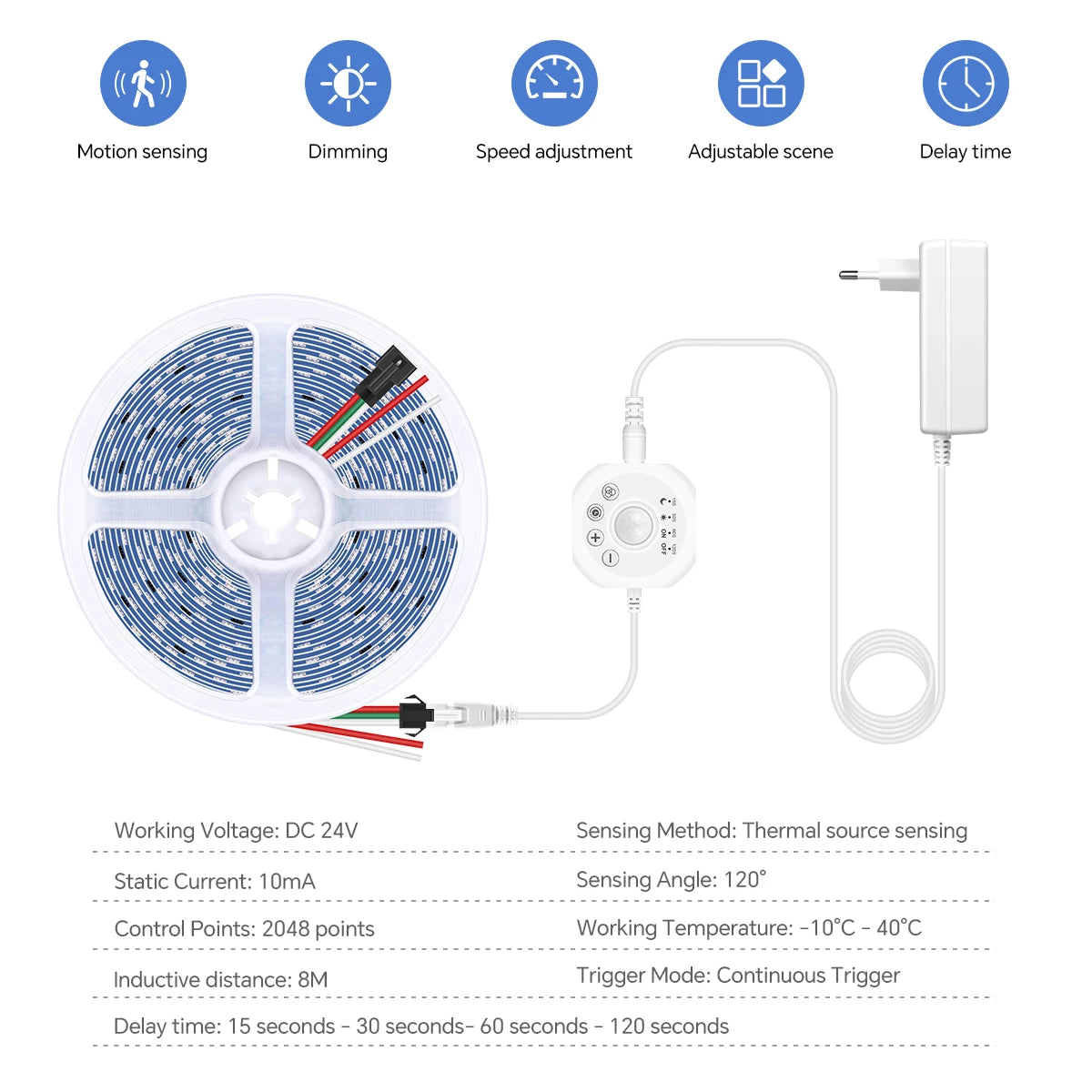 ruban led blanc jaune adhésif points lumineux réguliers moderne capteur mouvement 12v flux lumineux