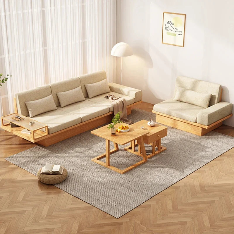 canapé lit moderne beige clair tissu uni coussins table basse amovible multi taille bois