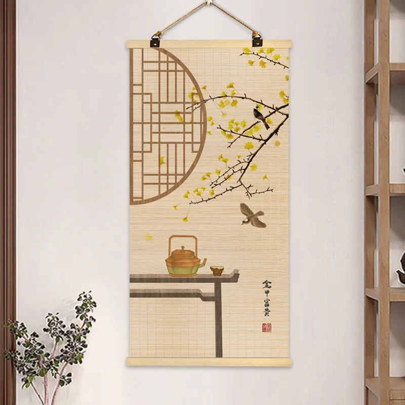 rideau rouleau bambou art traditionnel oriental fleurs oiseaux motifs crochets métalliques opaques entrée maison