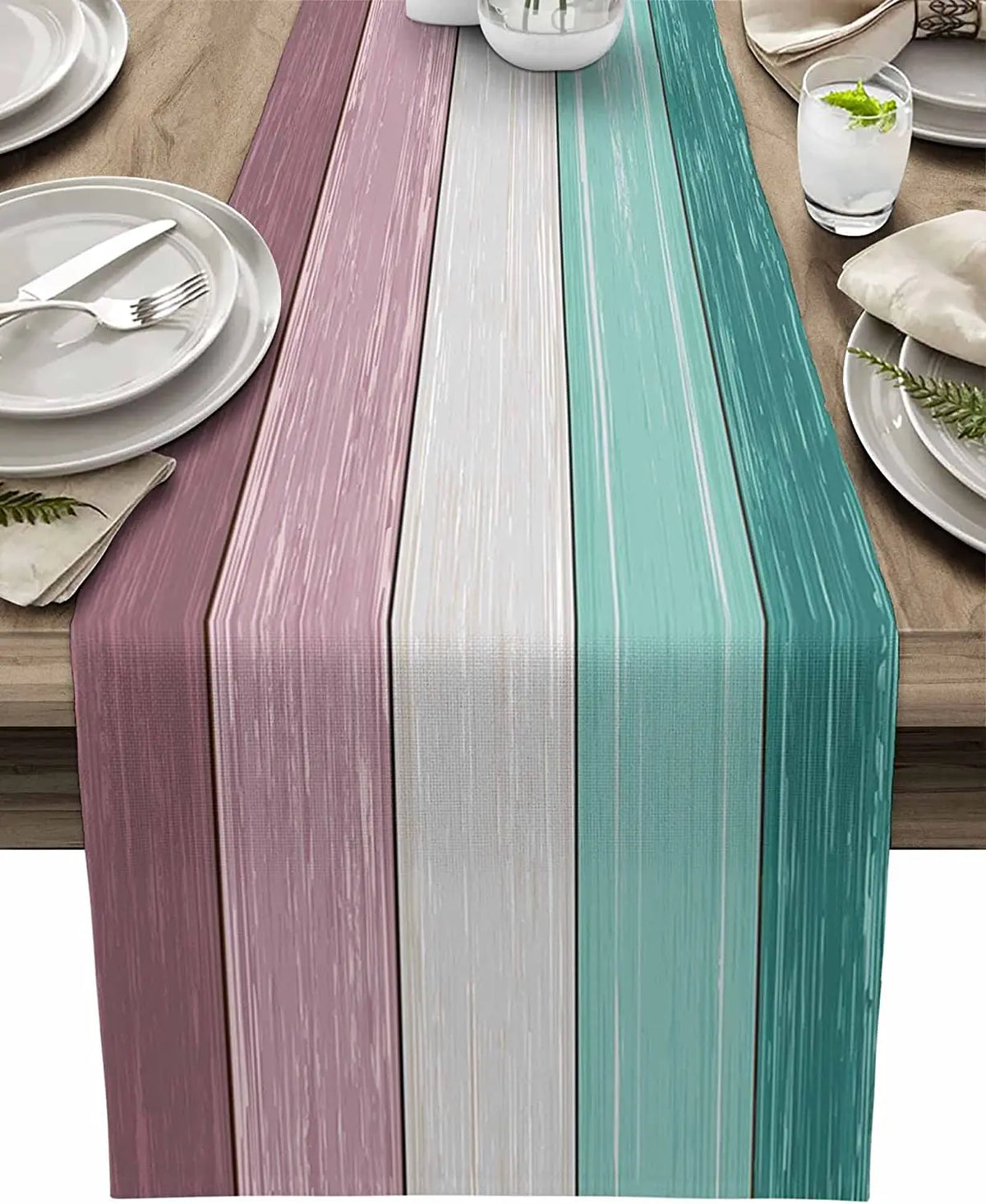 chemin table moderne rayures horizontales bleu beige marron décor cuisine maison textile polyester