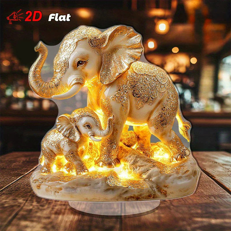 décoration asiatique éléphants dorés motifs floraux lumière led base transparente