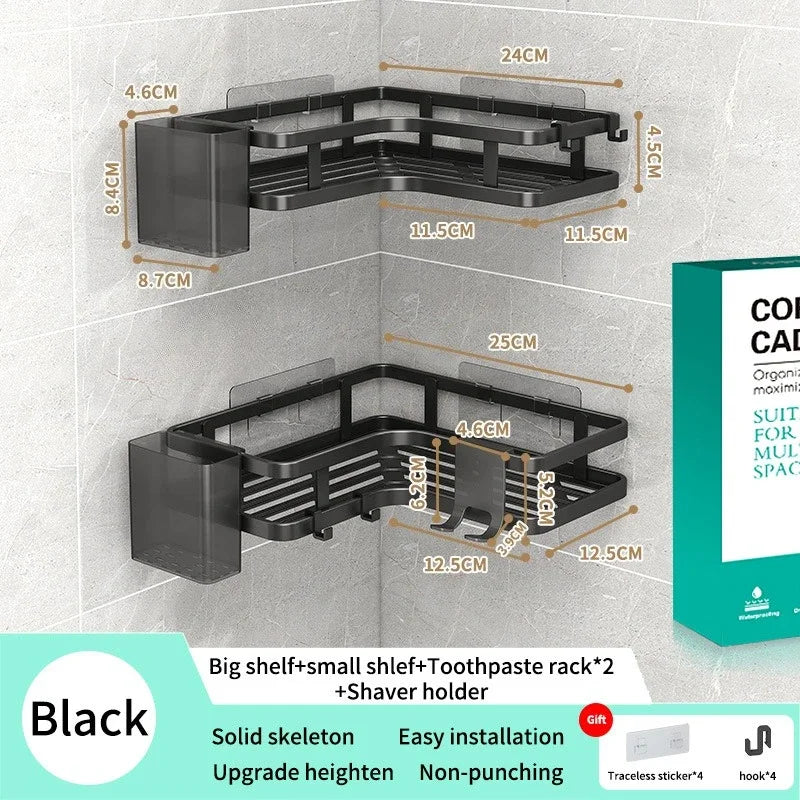 étagère salle bain angle double couche adhésive blanche noire moderne multifonctionnelle rangement muralement fixée