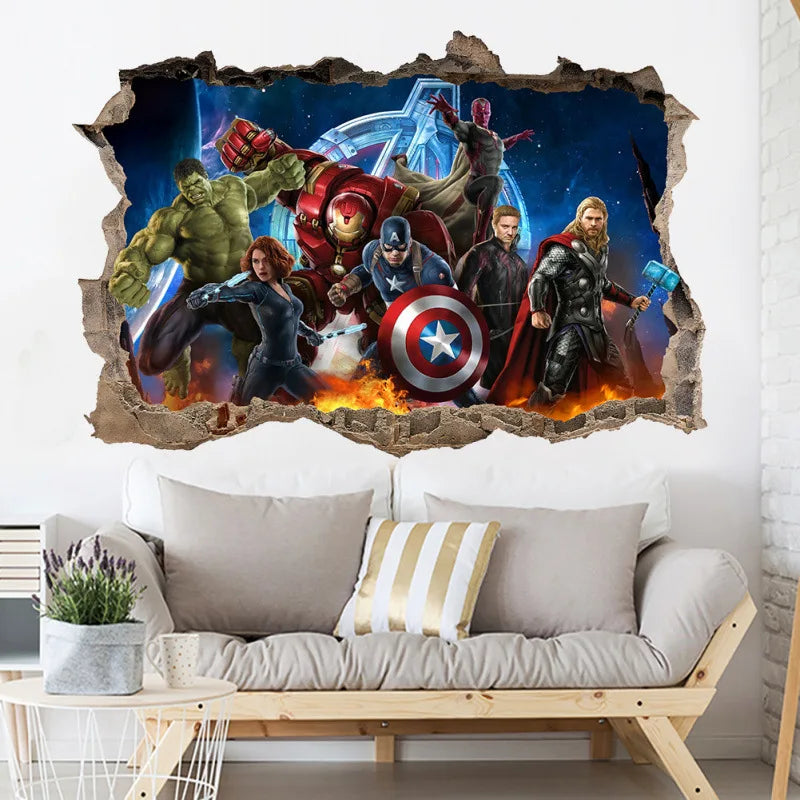 sticker mural 3d super héros hulk iron man captain america thor rouge bleu vert