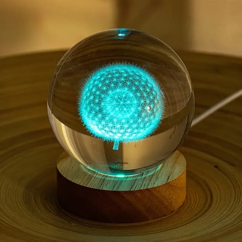 veilleuse boule lumineuse 3d dandelion transparente moderne câble usb base bois déco anniversaire cadeau