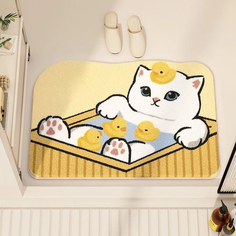 tapis bain dessin animé chats baignoire canards bulles coquillages bleu jaune rose